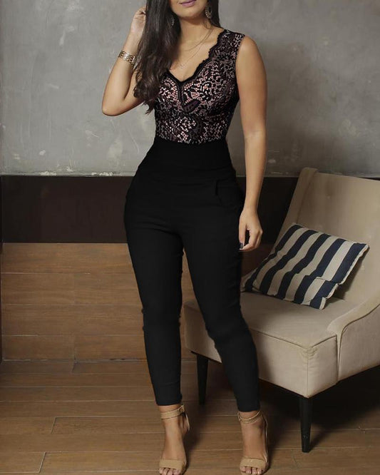 V Neck Lace Bodice Sleeveless Jumpsuits