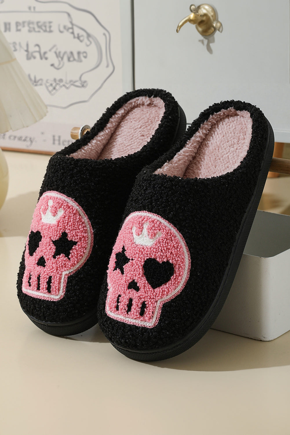 Black Halloween Skull Printed Plush Winter Home Slippers