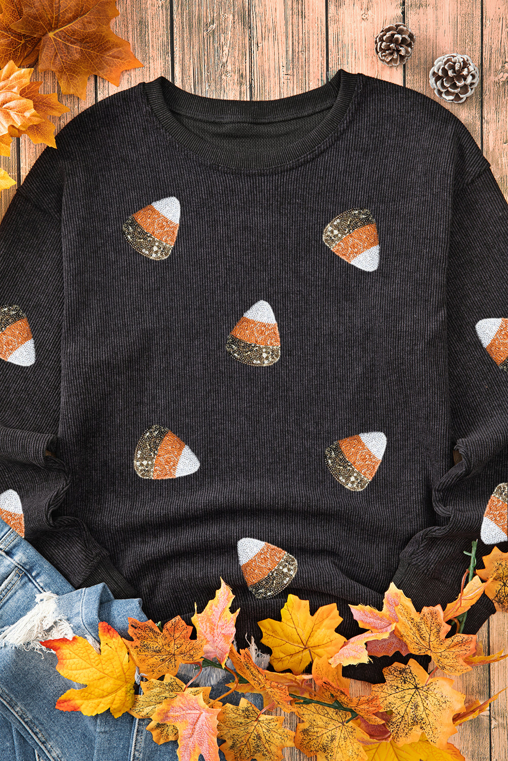 Black Sequin Triangle Patched Corded Halloween Sweatshirt