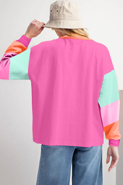 Rose Red Colorblock Patchwork Long Sleeve Loose Top