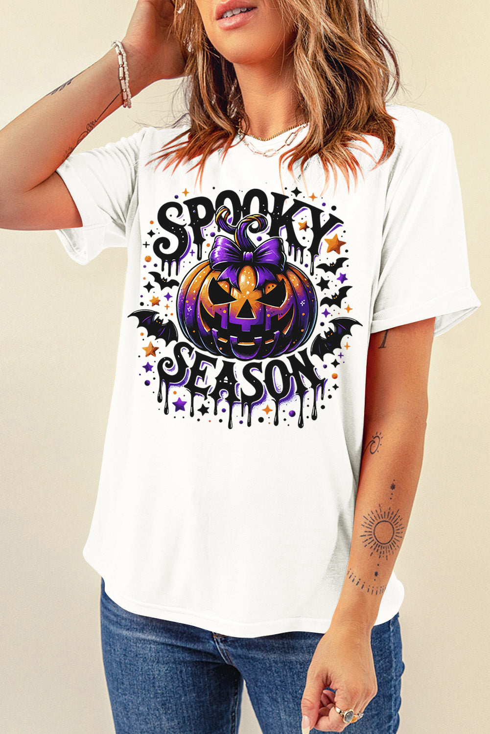 White SPOOKY SEASON Pumpkin Bat Pattern Halloween T Shirt