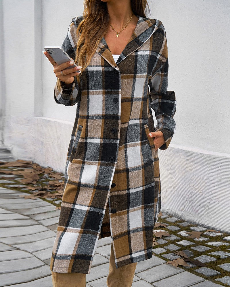 Plaid Pattern Button Down Pocket Design Longline Hooded Coat