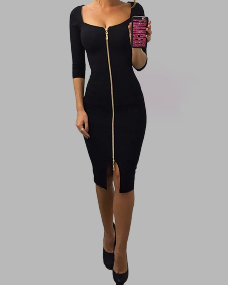 Zipper Up Split Bodycon Dress