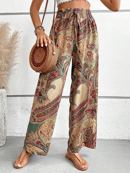 Women's Boho Palazzo Pants Wide Leg Beach Pants High Waisted Lounge Pants