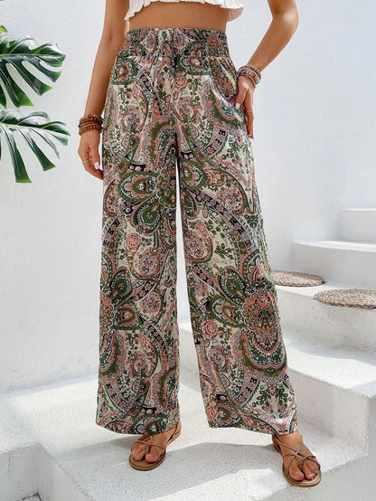 Women's Boho Palazzo Pants Wide Leg Beach Pants High Waisted Lounge Pants