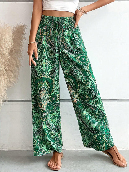 Women's Boho Palazzo Pants Wide Leg Beach Pants High Waisted Lounge Pants