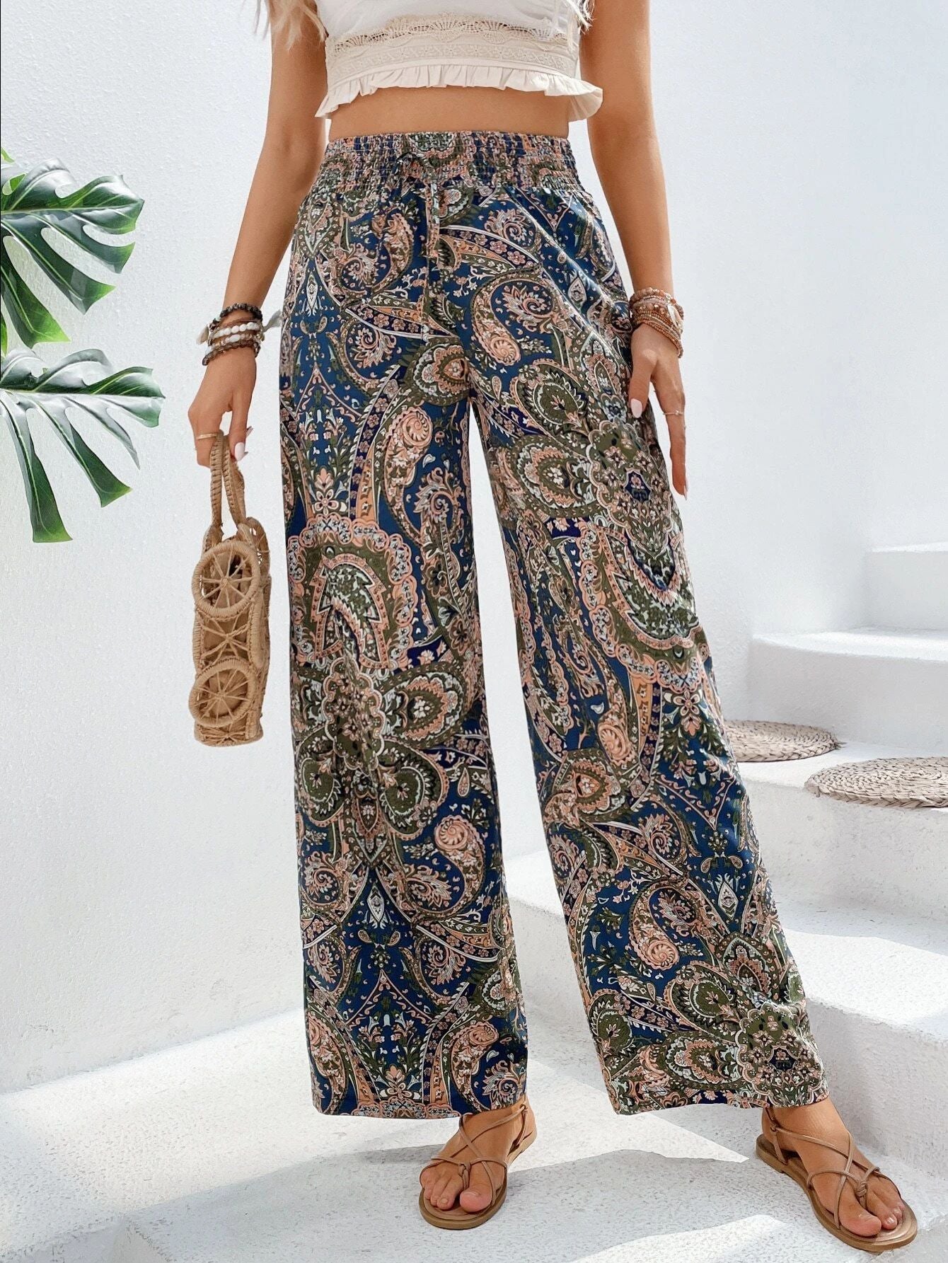 Women's Boho Palazzo Pants Wide Leg Beach Pants High Waisted Lounge Pants