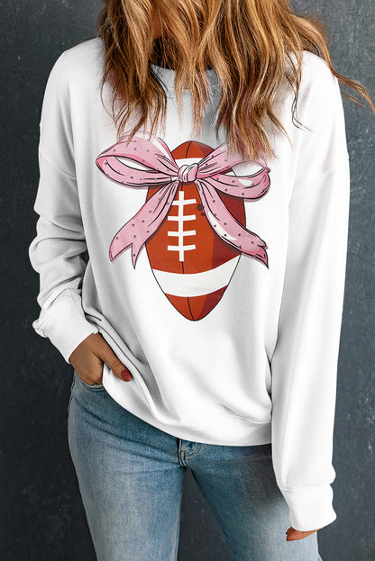 Beige Bowknot Rugby Football Graphic Game Day Pullover Sweatshirt