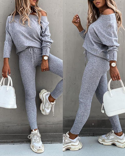 2PCS Long Sleeve Top & High Waist Drawstring Pants Set