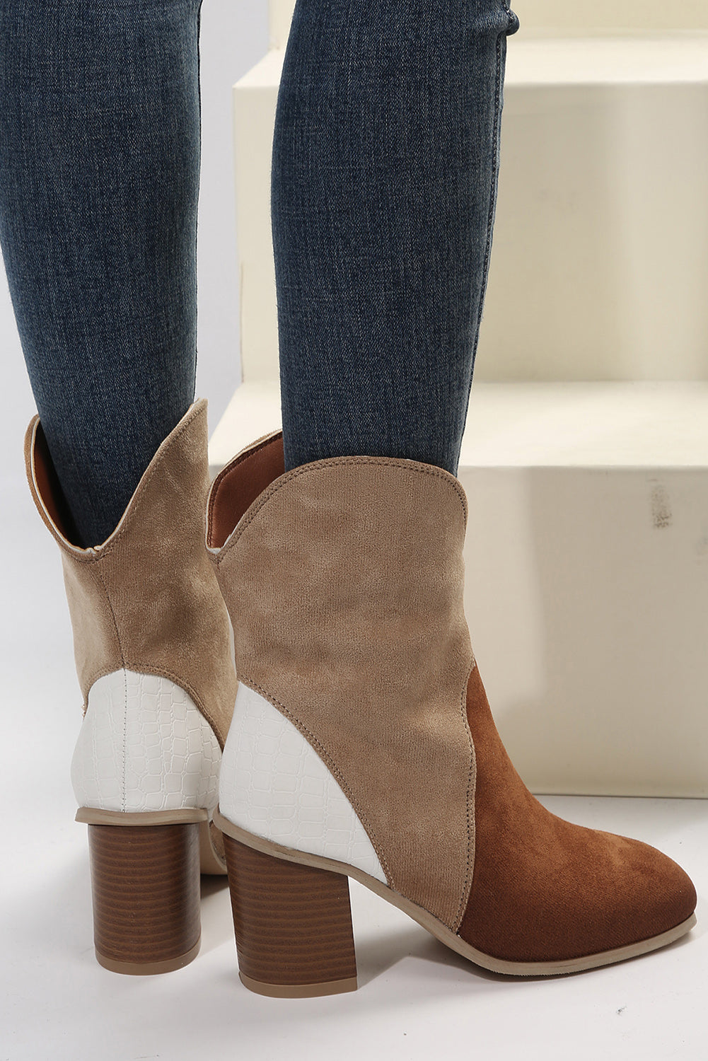 Chestnut Colorblock Suede Heeled Ankle Booties