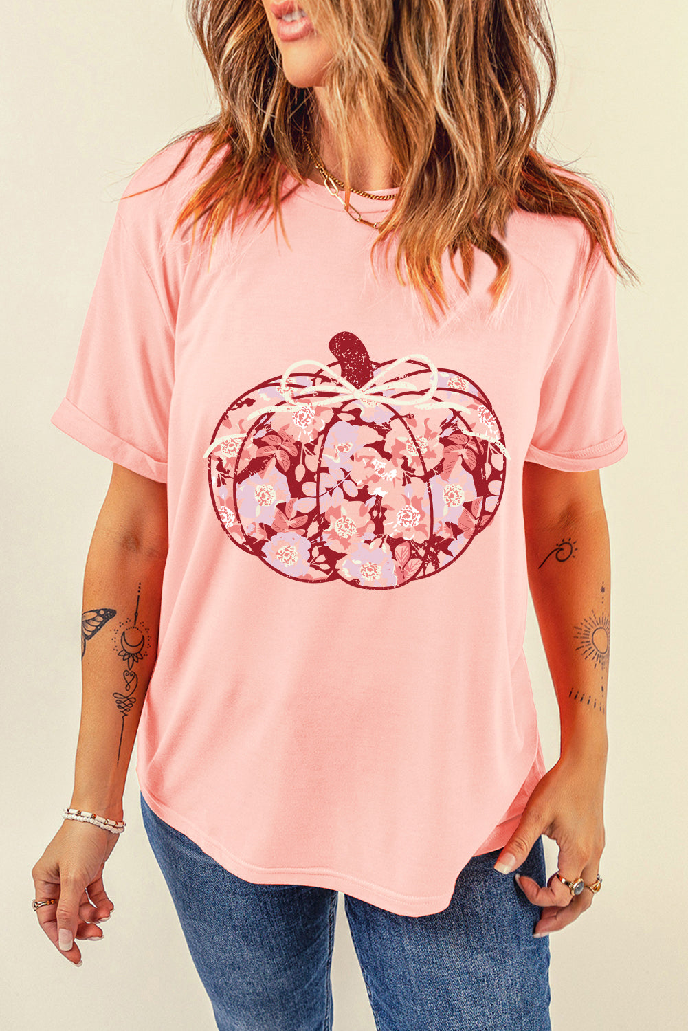 Pink Floral Pumpkin Print Crew Neck Casual T Shirt