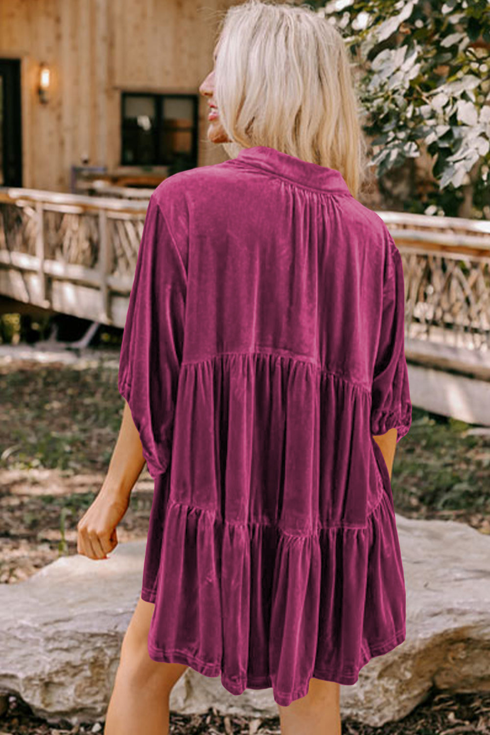 Pitaya Pink 3/4 Sleeve Tunic Babydoll Velvet Shirt