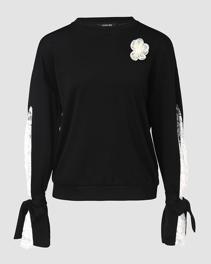 Colorblock Floral Pattern Tied Long Sleeve Lace Patch Sweatshirt