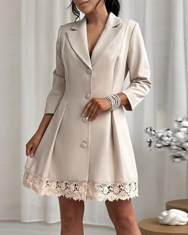 Lapel Neck Button Down Ruched Lace Trim Blazer Dress