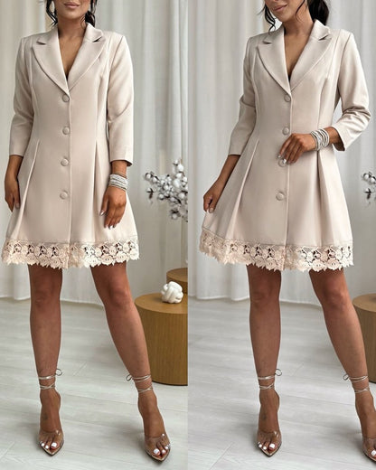 Lapel Neck Button Down Ruched Lace Trim Blazer Dress