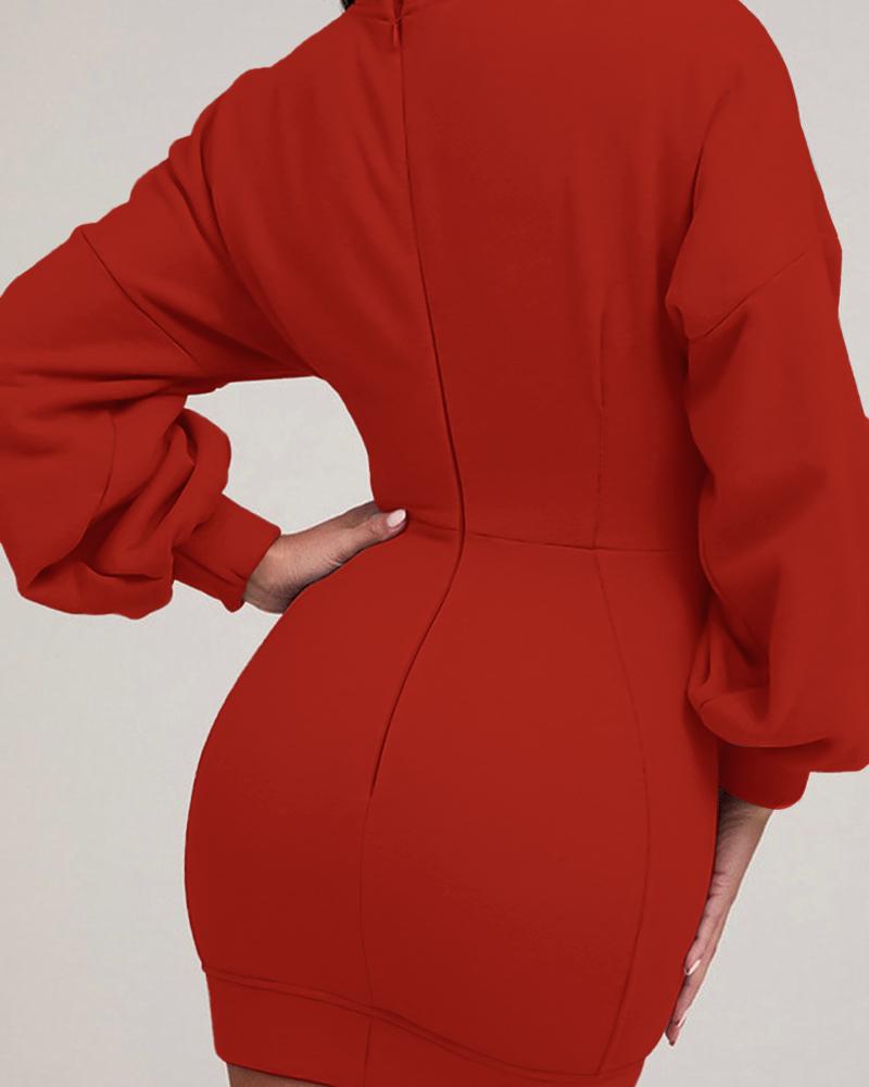 O neck Lantern Sleeve Mini Bodycon Sweatshirt Dress