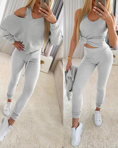 3PCS/Set Ribbed Tank Top & Skinny Pants With Skew Neck Drawstring Hem Top