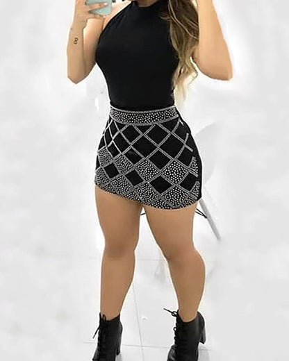 Rhinestone Argyle Pattern Sleeveless Bodycon Dress