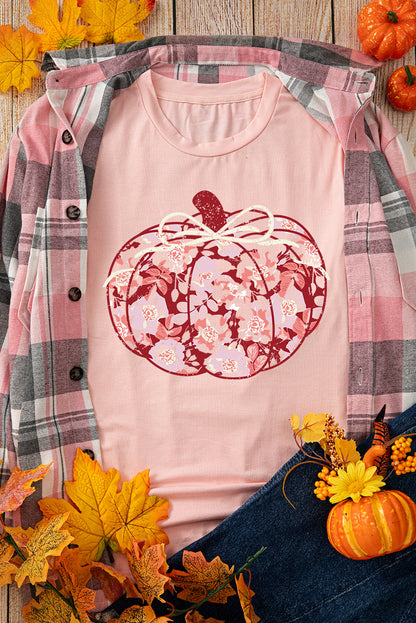 Pink Floral Pumpkin Print Crew Neck Casual T Shirt