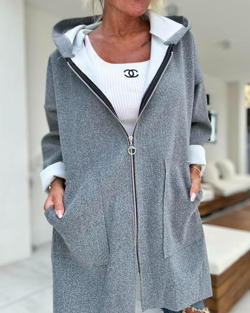 Hooded Pocket Design Zip Up Lined Longline Coat