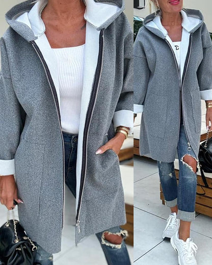 Hooded Pocket Design Zip Up Lined Longline Coat