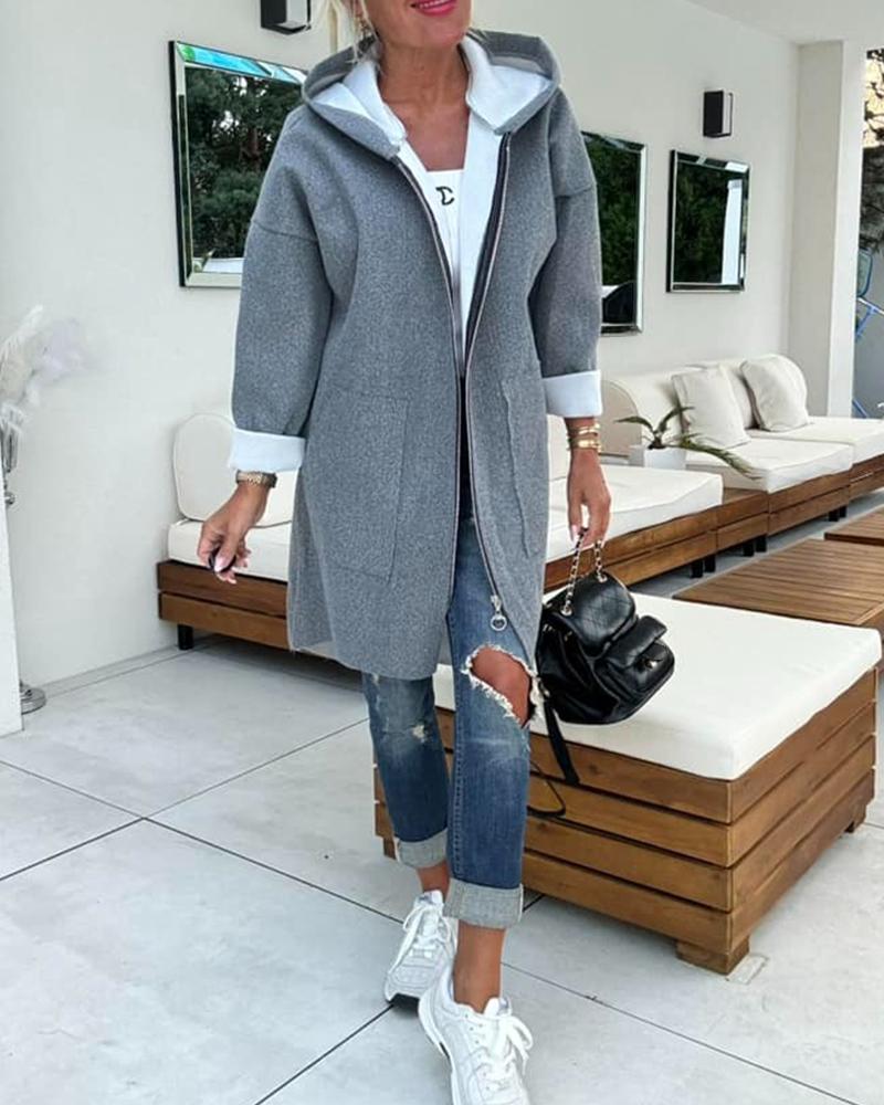 Hooded Pocket Design Zip Up Lined Longline Coat