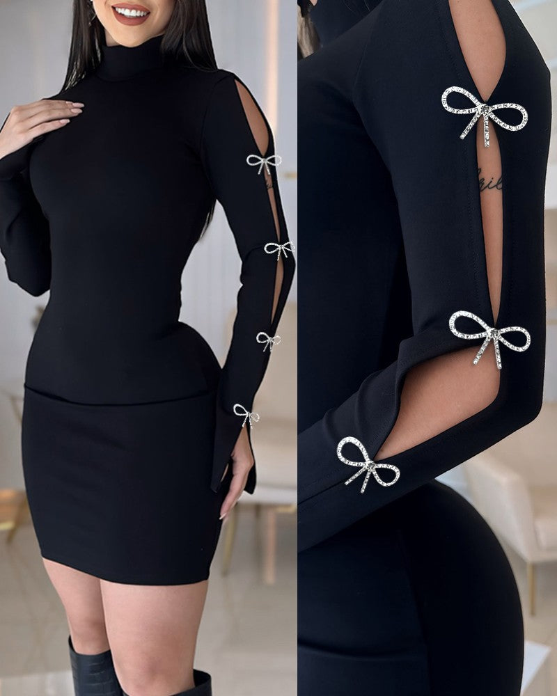 Hollow Out Rhinestone Bowknot Decor Bodycon Dress