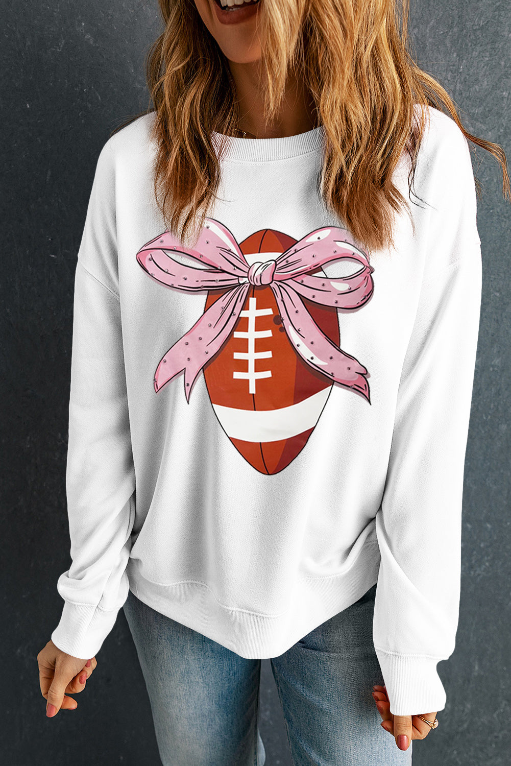 Beige Bowknot Rugby Football Graphic Game Day Pullover Sweatshirt