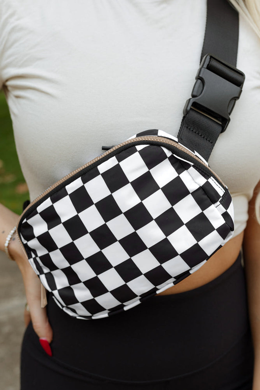 White Checkered Print Buckle Wide Belt Crossbody Bag