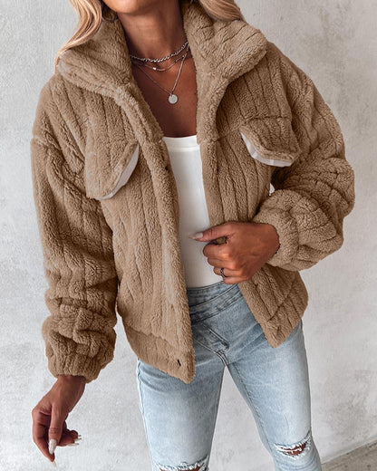 Turn down Collar Buttoned Teddy Jacket