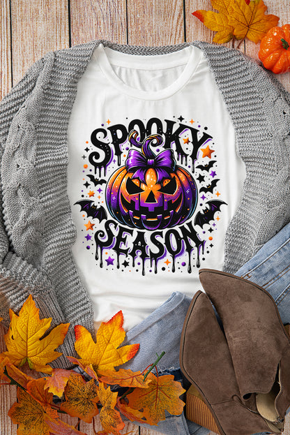 White SPOOKY SEASON Pumpkin Bat Pattern Halloween T Shirt