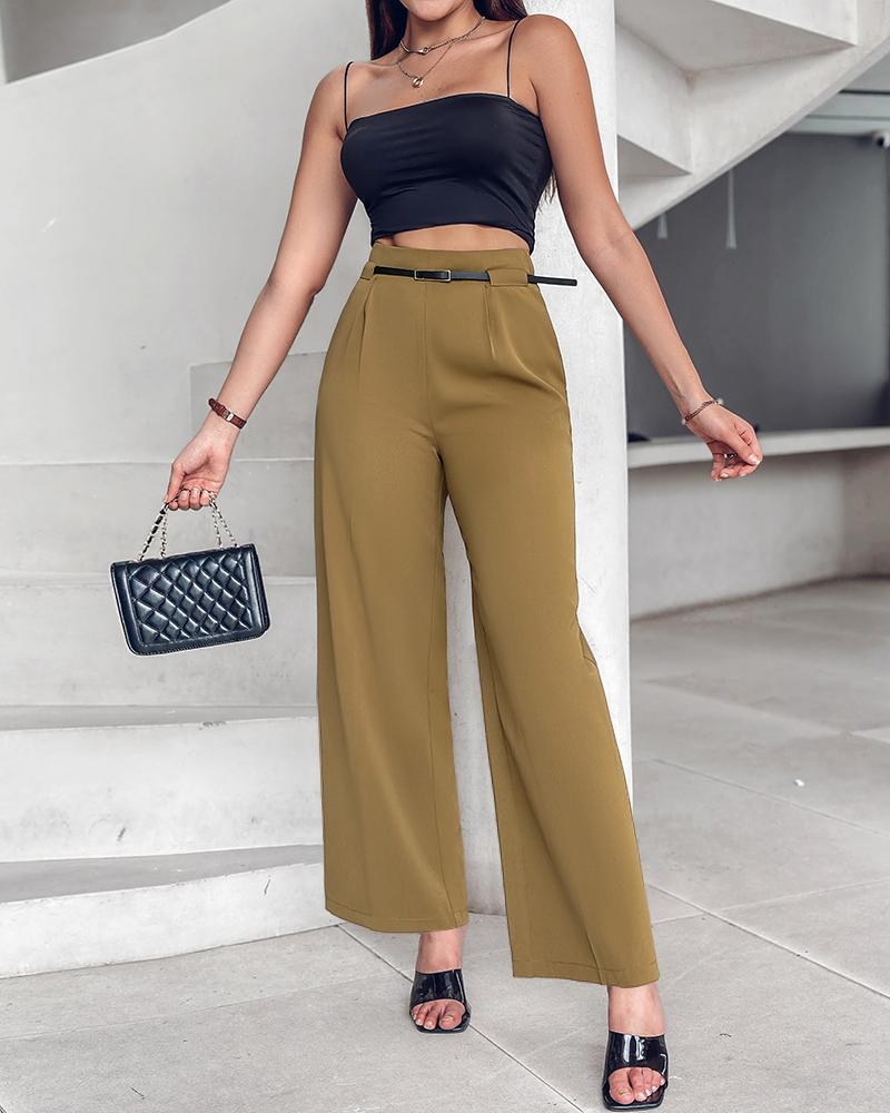 Solid High Waist Wide Leg Pants With Belt