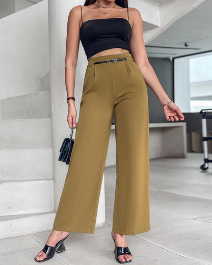 Solid High Waist Wide Leg Pants With Belt