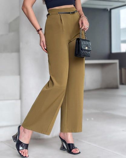 Solid High Waist Wide Leg Pants With Belt