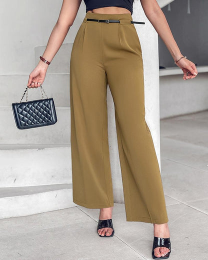 Solid High Waist Wide Leg Pants With Belt