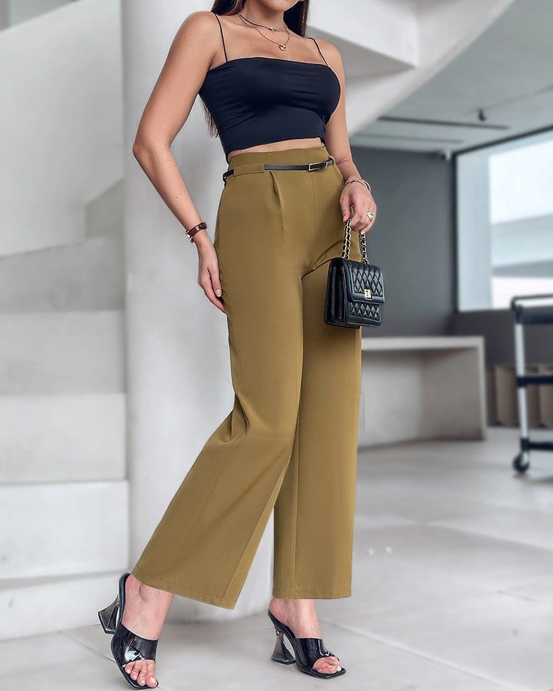 Solid High Waist Wide Leg Pants With Belt