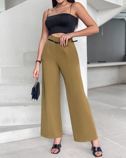 Solid High Waist Wide Leg Pants With Belt