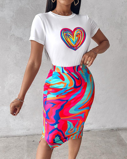 Heart Abstract Print Top & Slit Skirt Set