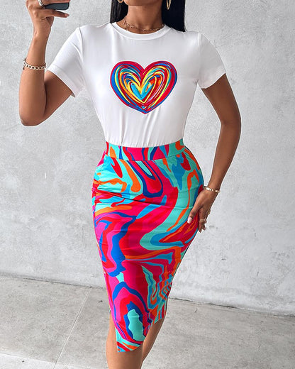 Heart Abstract Print Top & Slit Skirt Set