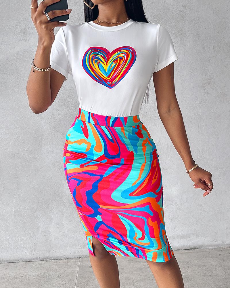 Heart Abstract Print Top & Slit Skirt Set