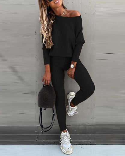 2PCS Long Sleeve Top & High Waist Drawstring Pants Set