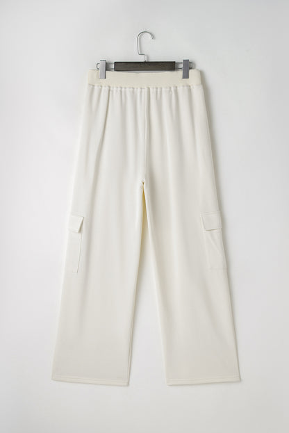 Beige Plain Cargo Pockets High Waist Casual Sweatpants