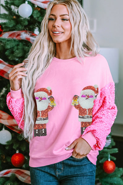 Pink Double Santa Claus Christmas Sequin Long Sleeve Top