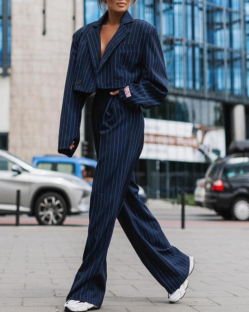 Striped Blazer Coat & Straight Leg Pants Set