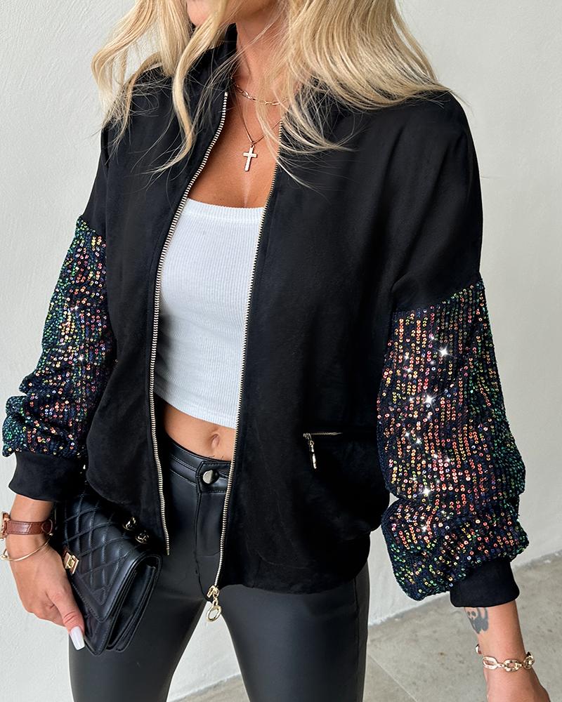 Zipper Design Contrast Sequin Casual Jacket