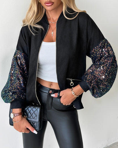 Zipper Design Contrast Sequin Casual Jacket