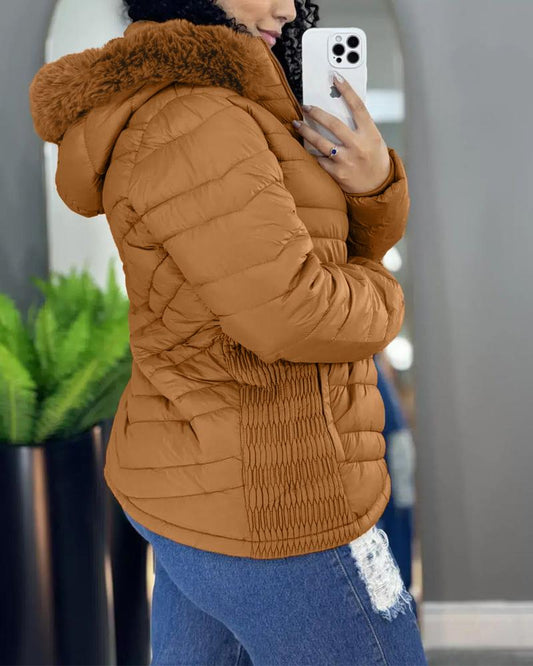 Zipper Pocket Design Shirred Fuzzy Trim Lined Hooded Puffer Jacket