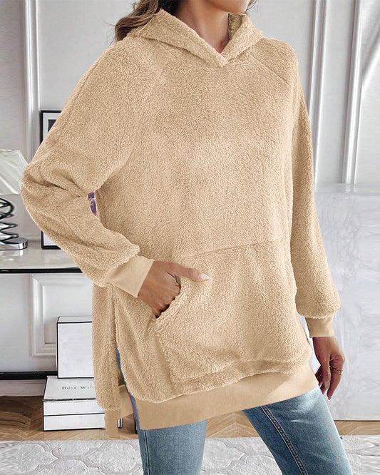 Fuzzy Kangaroo Pocket Design Side Slit Hooded Sweatshirt