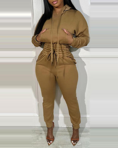 Shirred Pocket Design Crop Hoodie & High Waist Cuffed Sweatpants Set