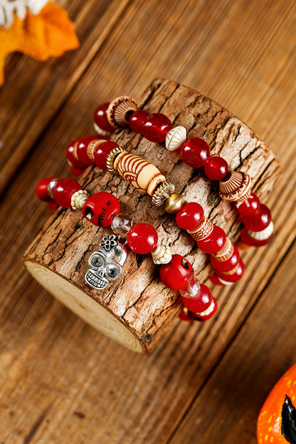 Red Multilayered Halloween Skull Stretched Beaded Bracelet